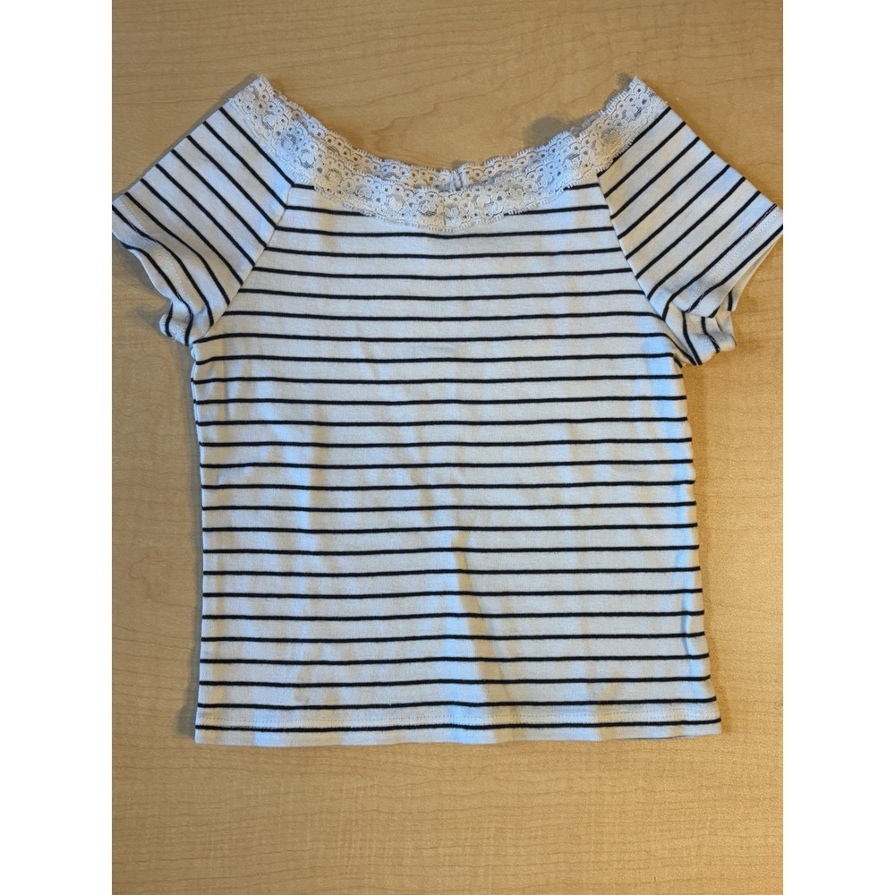 True Class White‎ Black Stripe Lace Trim Short Sleeve Top Girls Size 10